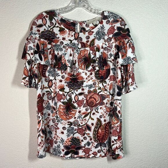 LOFT White Floral Short Sleeves Ruffled Knit Crew Neck Boho Top Women's Medium - Picture 1 of 8